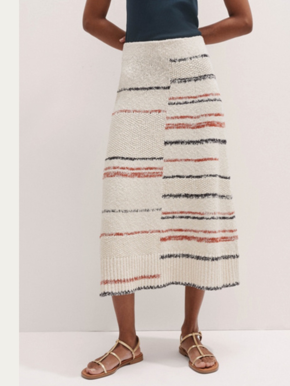 ME+EM Cream Bouclé Midi Skirt with Navy and Red Stripes - Picture 3 of 12